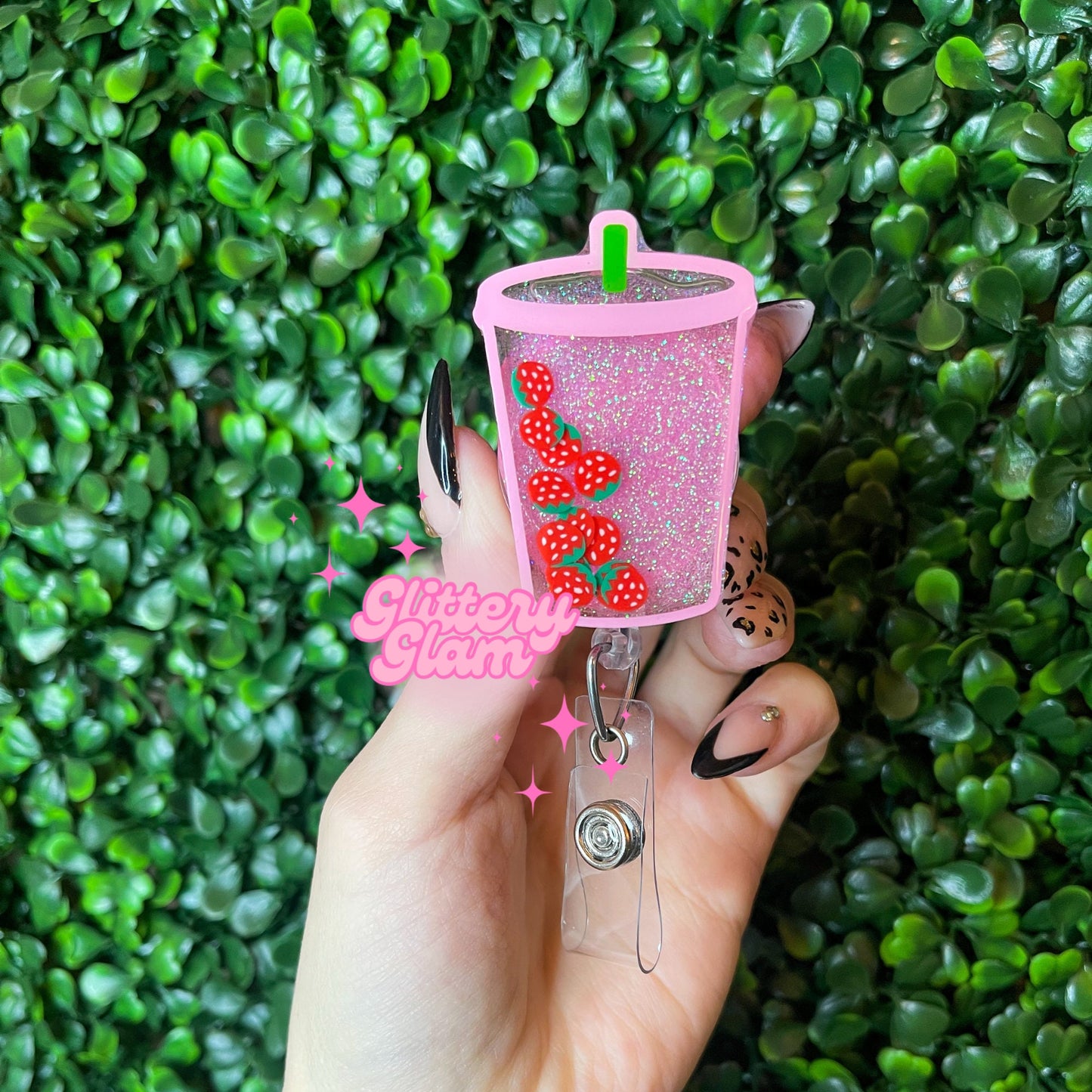 Strawberry Lemonade Shaker Badge Reel: Pink Drink Work ID Holder