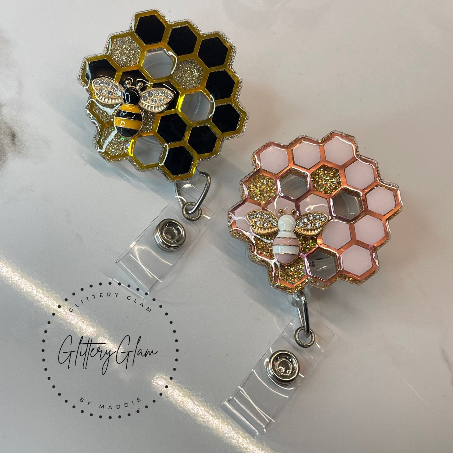 Honeycomb Bee Badge Reel: Glitter ID Holder, Nurse Gift