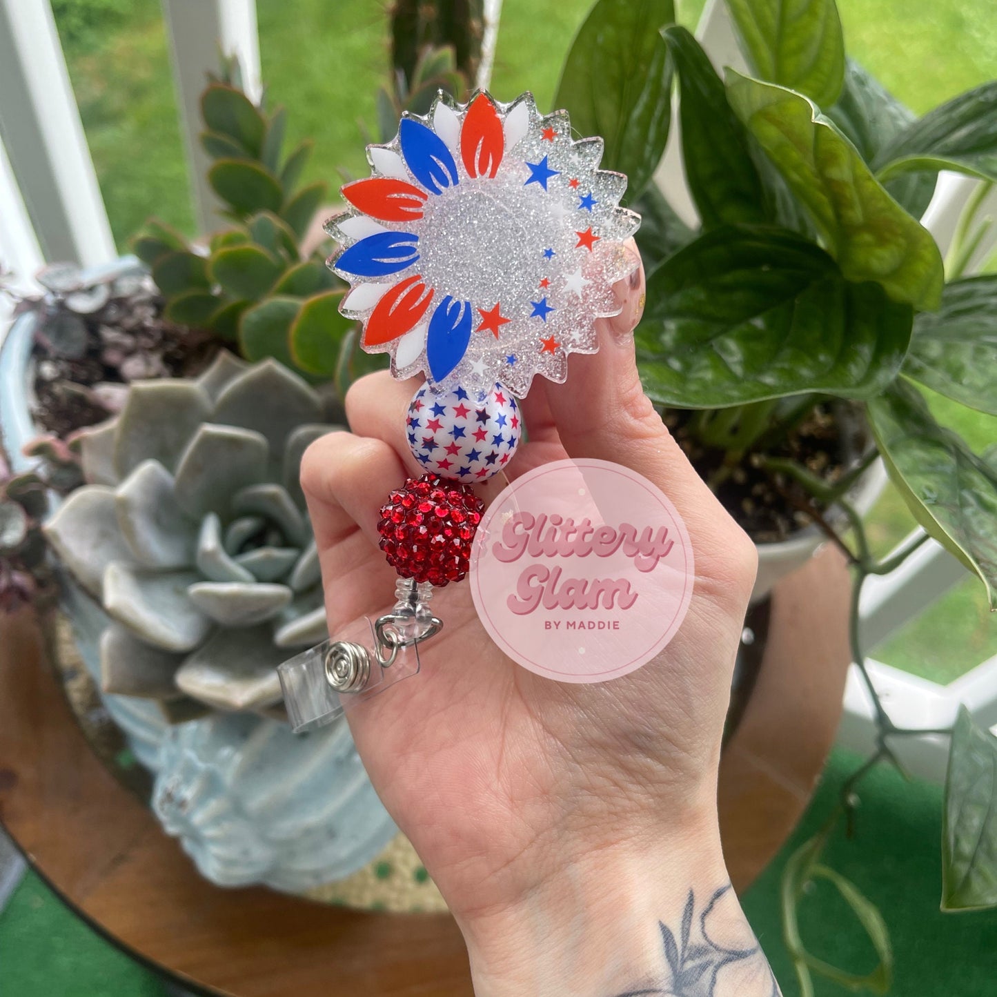 Red, White, and Bloom Patriotic Sunflower Badge Reel-Nurse Id Holder- Retractable Badge Clip
