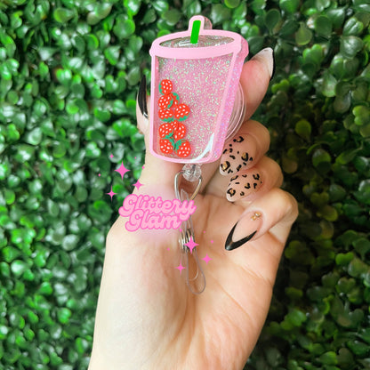 Strawberry Lemonade Shaker Badge Reel: Pink Drink Work ID Holder