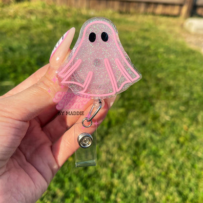 Pink Halloween Ghost Badge Reel: Glow in the Dark ID Holder