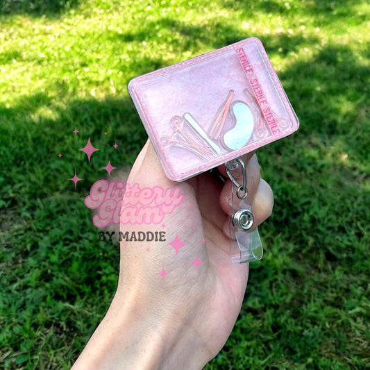 Pink Glitter Mayo Tray Shaker Badge Reel: Surgical Nurse ID Holder