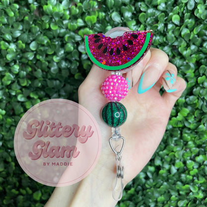 Watermelon Badge Reel: Glitter Acrylic Retractable ID Holder