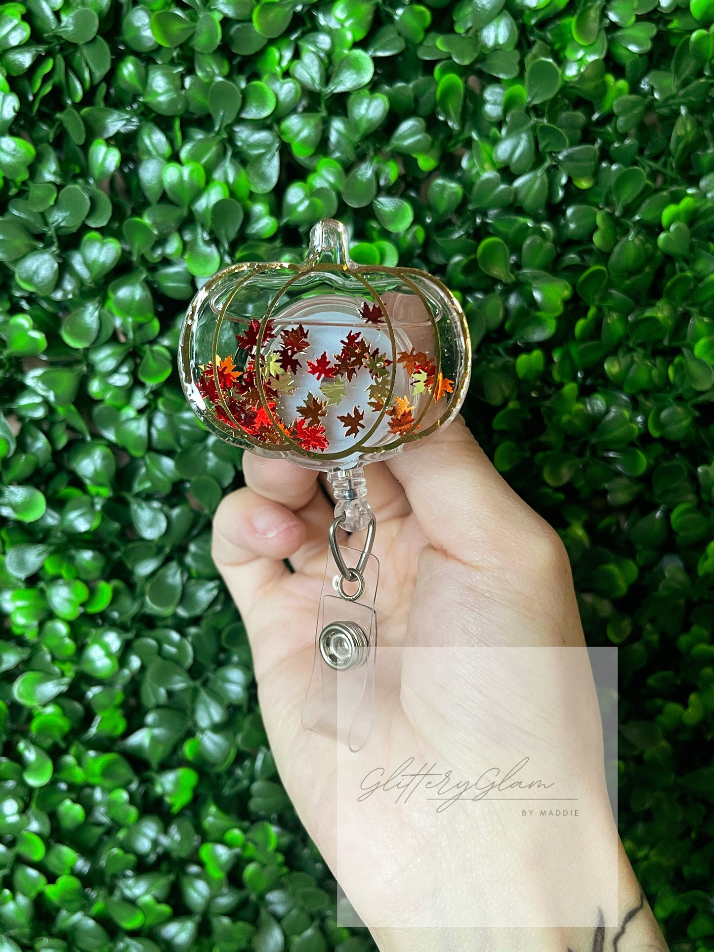 Pumpkin Shaker Badge Reel: Autumn Leaves, Retractable ID Holder