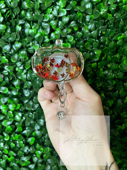 Pumpkin Shaker Badge Reel: Autumn Leaves, Retractable ID Holder