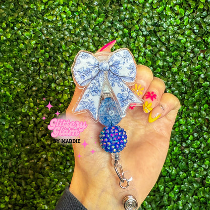 Blue Toile Bow Badge Reel: Beaded Retractable ID Holder