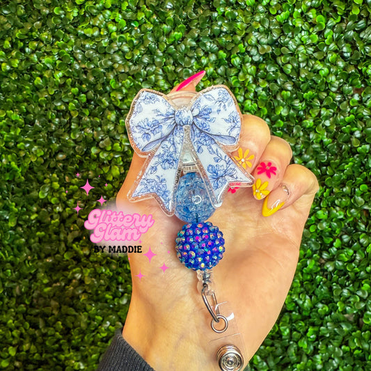 Blue Toile Bow Badge Reel: Beaded Retractable ID Holder