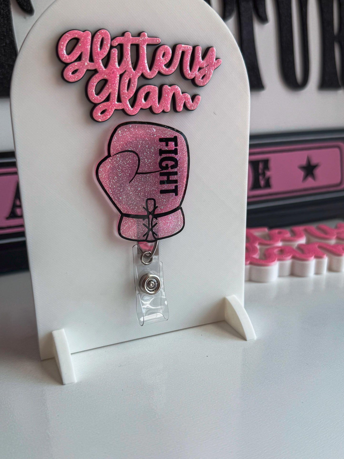 Pink Glitter Boxing Glove Badge Reel | Breast Cancer Awareness ID Holder | Nurse Badge Reel | Fight Cancer Ribbon Badge Clip