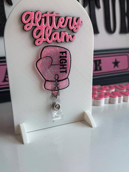 Pink Glitter Boxing Glove Badge Reel | Breast Cancer Awareness ID Holder | Nurse Badge Reel | Fight Cancer Ribbon Badge Clip