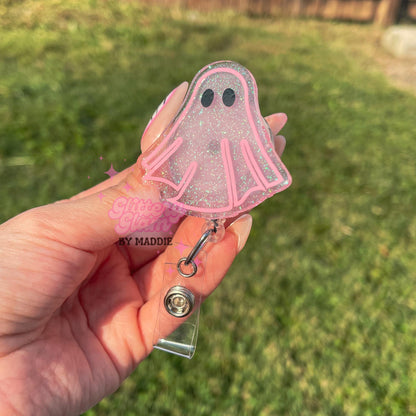 Pink Halloween Ghost Badge Reel: Glow in the Dark ID Holder