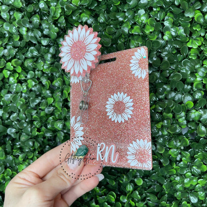 Personalized Sunflower Badge Reel: Rose Gold Glitter Nurse ID Holder