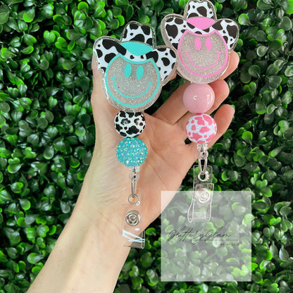 Cowboy Smiley Face Badge Reel: Cowprint Hat, Beaded Nurse ID Holder